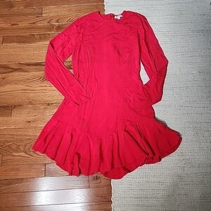 Gianni Bini Dress‎ S Red Long Sleeve Lattice Back Crew Neck Flounce Hem Romantic